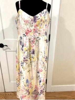 H&M NEW Linen Floral Maxi Dress Cream Pink Blue Green Womens XL Cottagecore